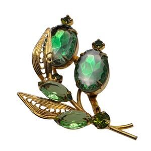 Vintage 1950s Green Rhinestone Floral Brooch Gold Tone Pin
